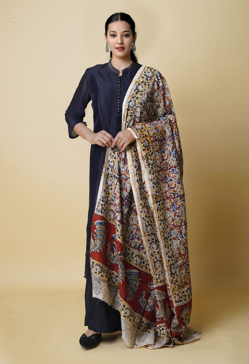 Multi Pure Hand Block Kalamkari Soft Silk Dupatta–UDS5250