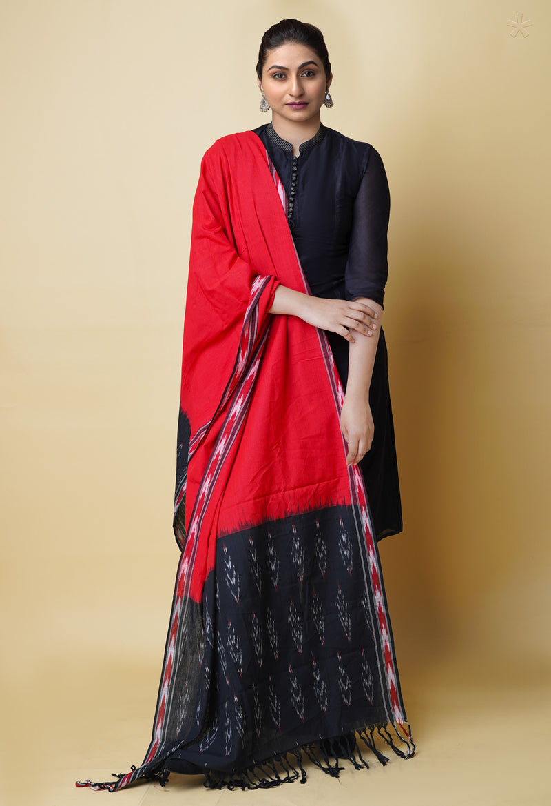 Red Pure Handloom Pochampally Cotton Dupatta–UDS5257