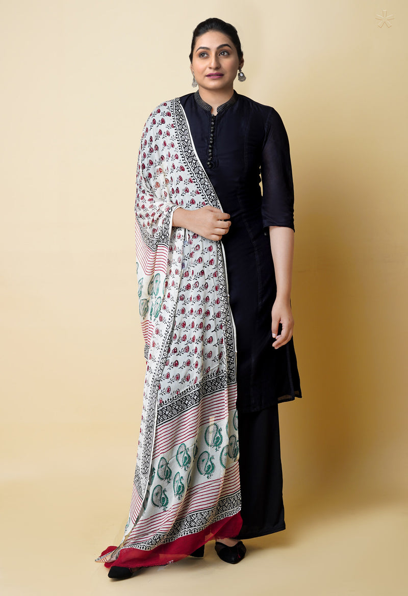 Half White Pure Batik Printed Chiffon Dupatta–UDS5277