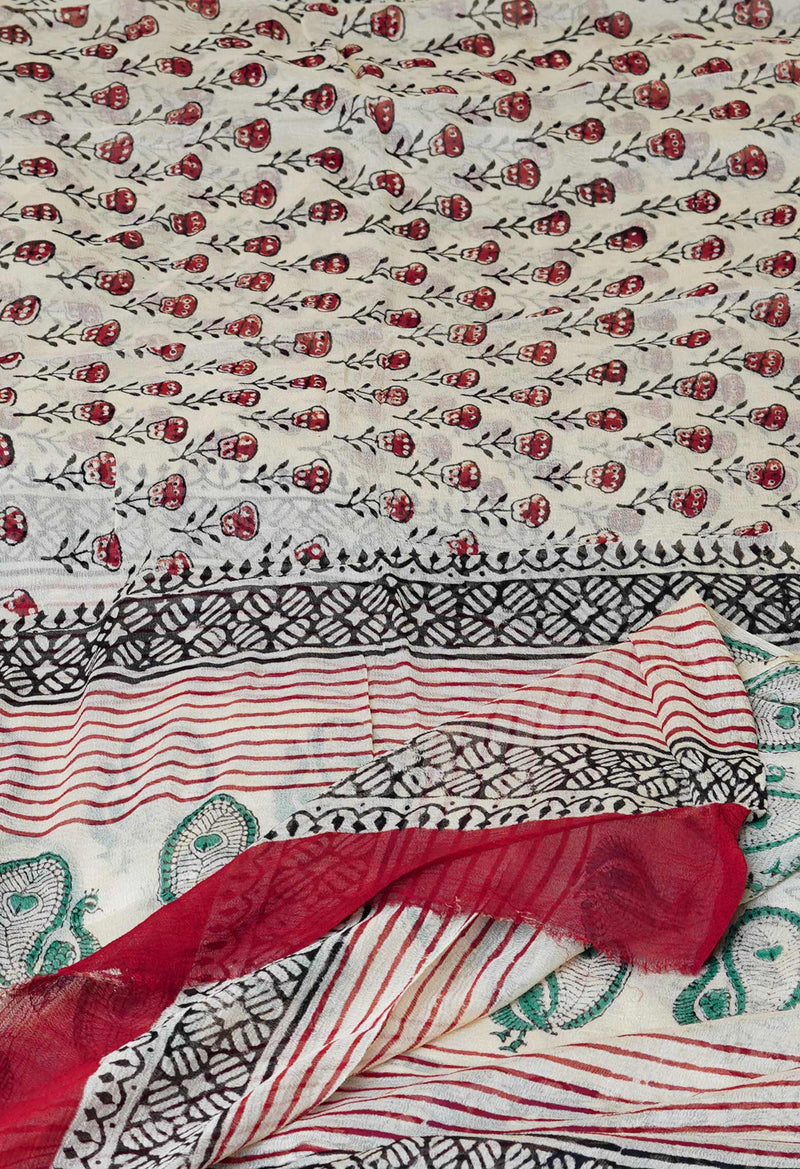 Half White Pure Batik Printed Chiffon Dupatta–UDS5277