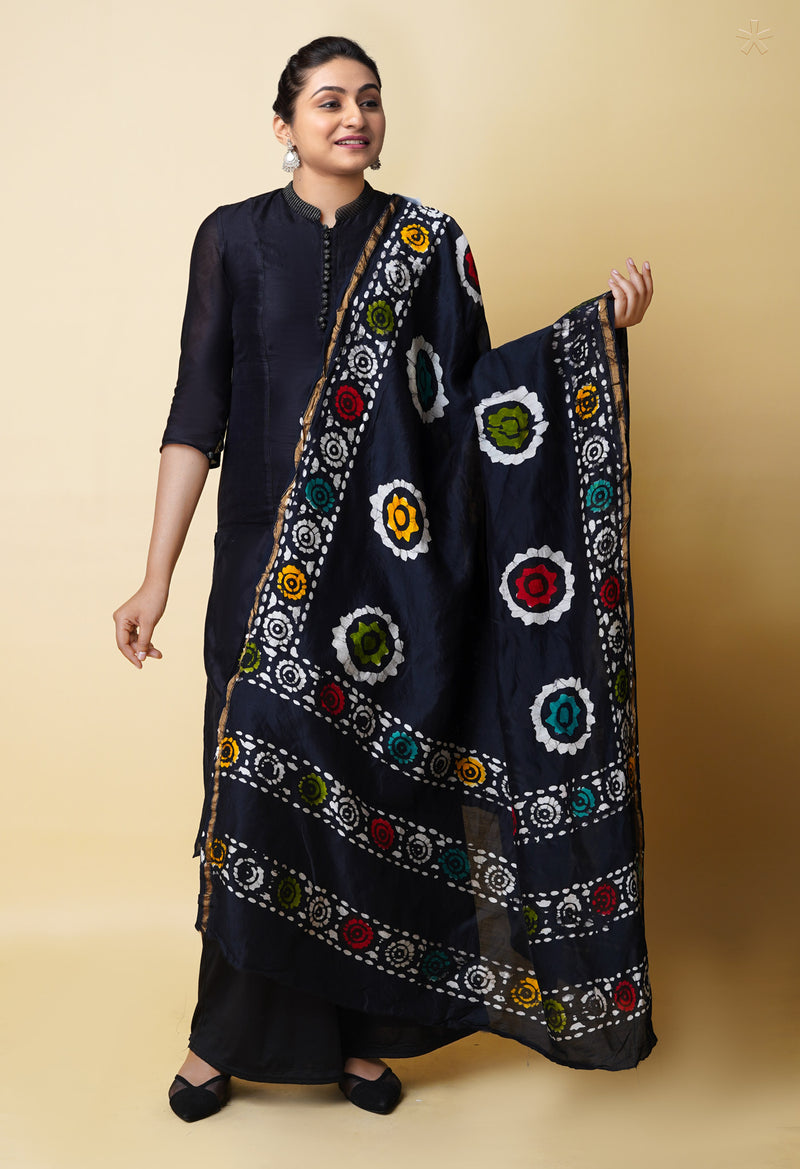 Black Pure Batik Printed Chanderi Sico Dupatta– UDS5285