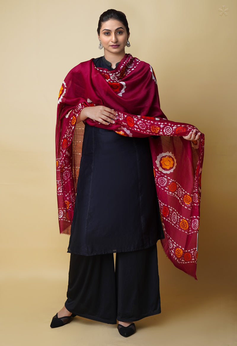 Maroon Pure Batik Printed Chanderi Sico Dupatta– UDS5286