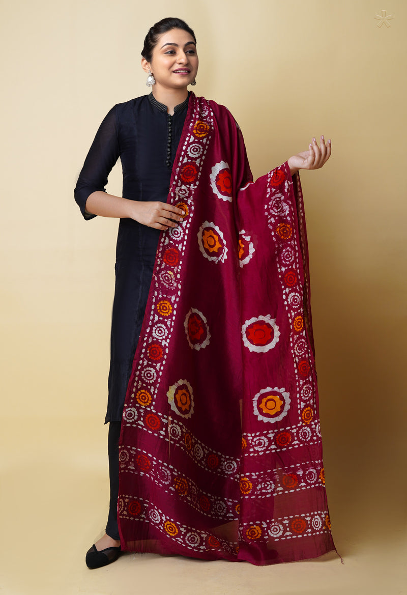 Maroon Pure Batik Printed Chanderi Sico Dupatta– UDS5286