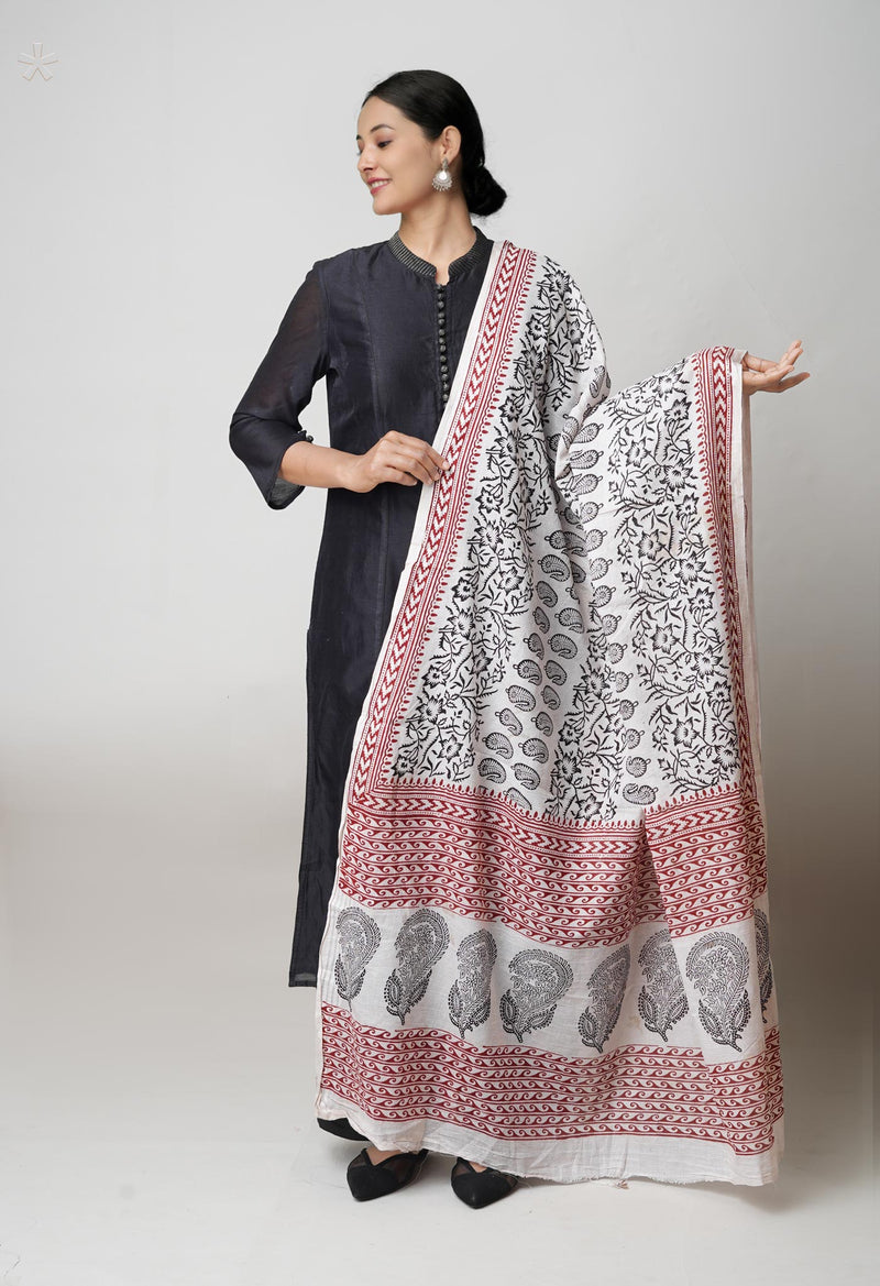 Half White Bagh Printed kota Cotton Dupatta–UDS5355