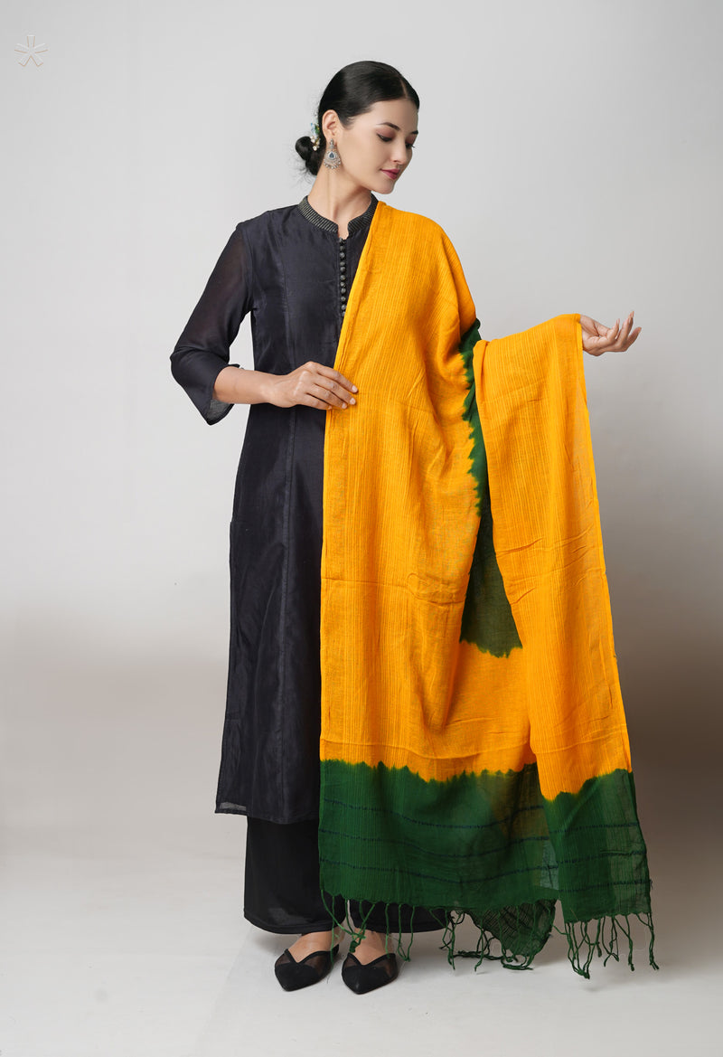 Green-Yellow Pure Tie-Dye Shibori Cotton Dupatta–UDS5364