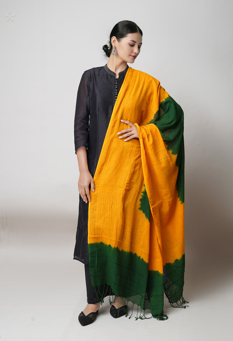 Green-Yellow Pure Tie-Dye Shibori Cotton Dupatta–UDS5364