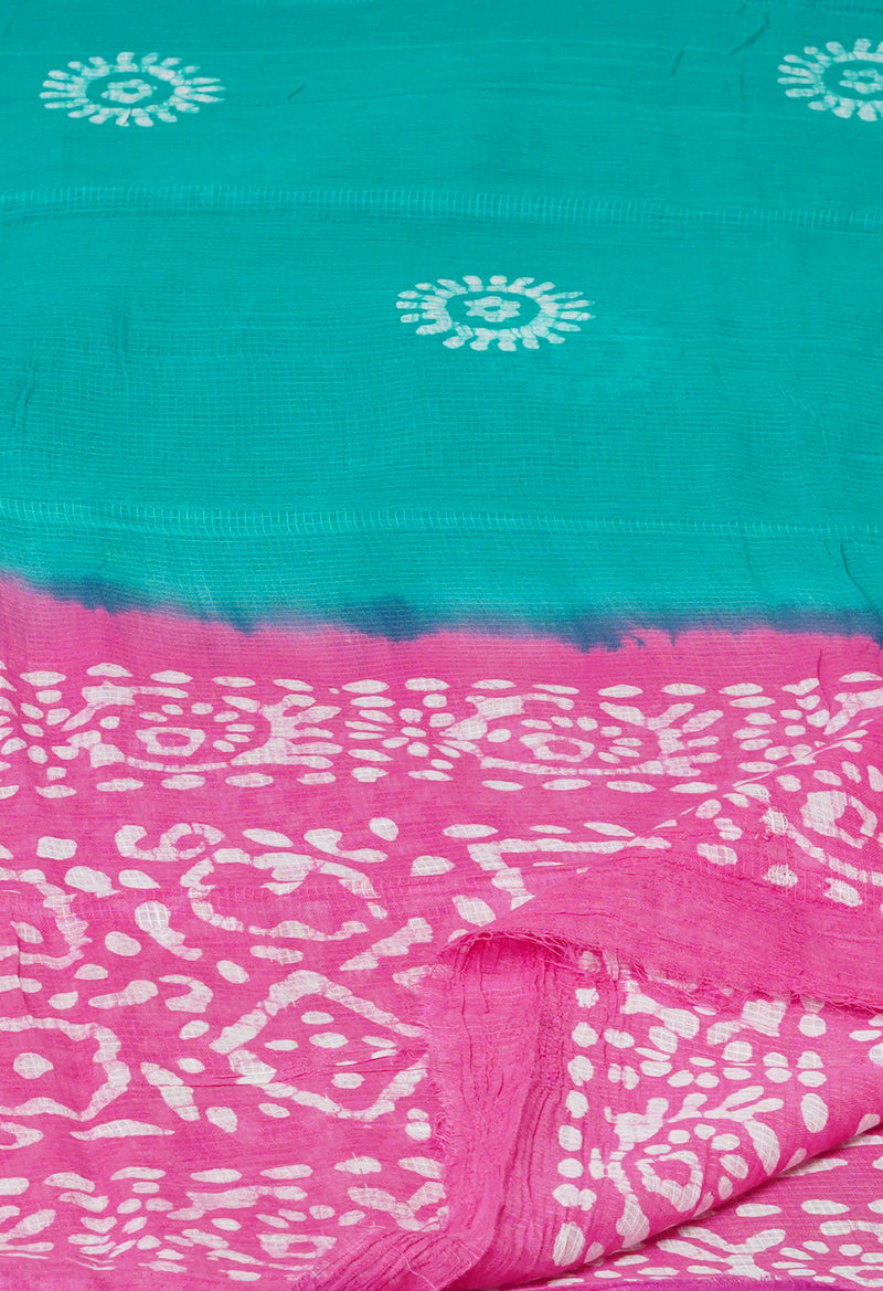 Green-Pink Pure Hand Batik Printed Kota Cotton Dupatta–UDS5373