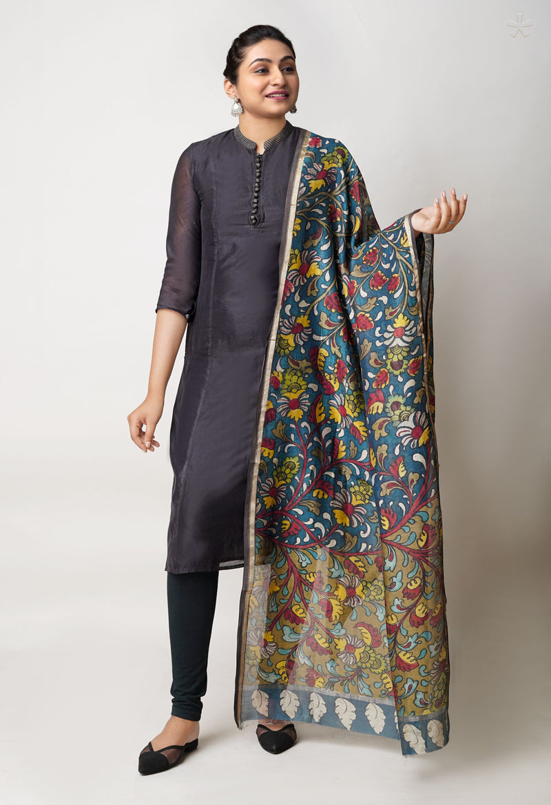 Olive Green-Peacock Blue Pure Pen Kalamkari Hand Painted Chanderi Cotton Silk Dupatta –UDS5400