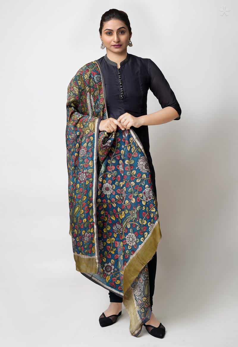 Peacock Blue Pure Pen Kalamkari Hand Painted Chanderi Cotton Silk Dupatta –UDS5403