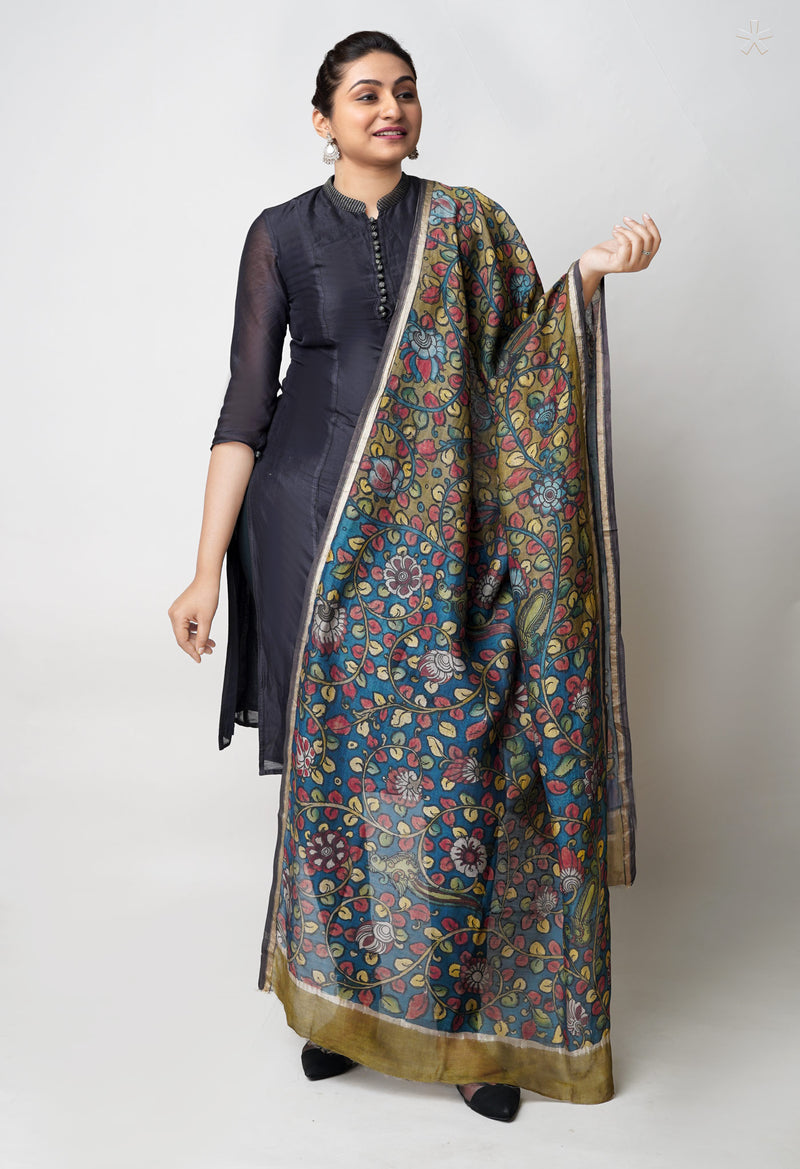 Peacock Blue Pure Pen Kalamkari Hand Painted Chanderi Cotton Silk Dupatta –UDS5403