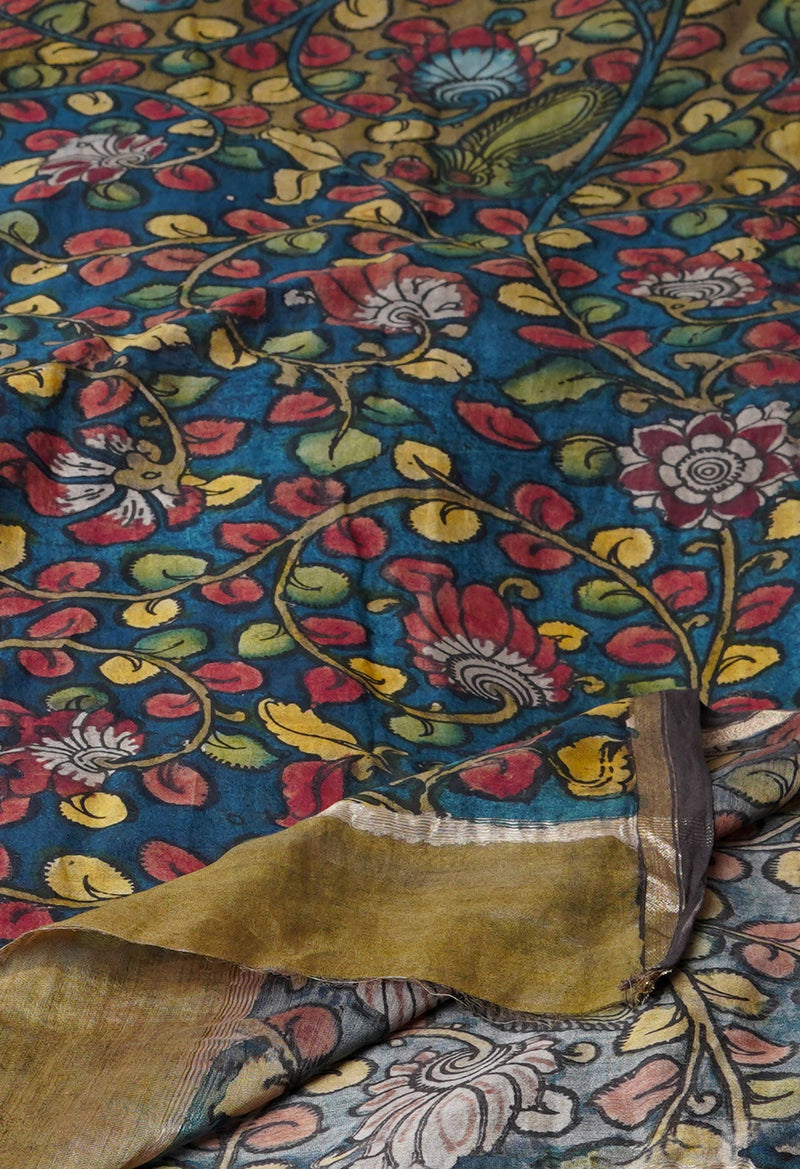 Peacock Blue Pure Pen Kalamkari Hand Painted Chanderi Cotton Silk Dupatta –UDS5403