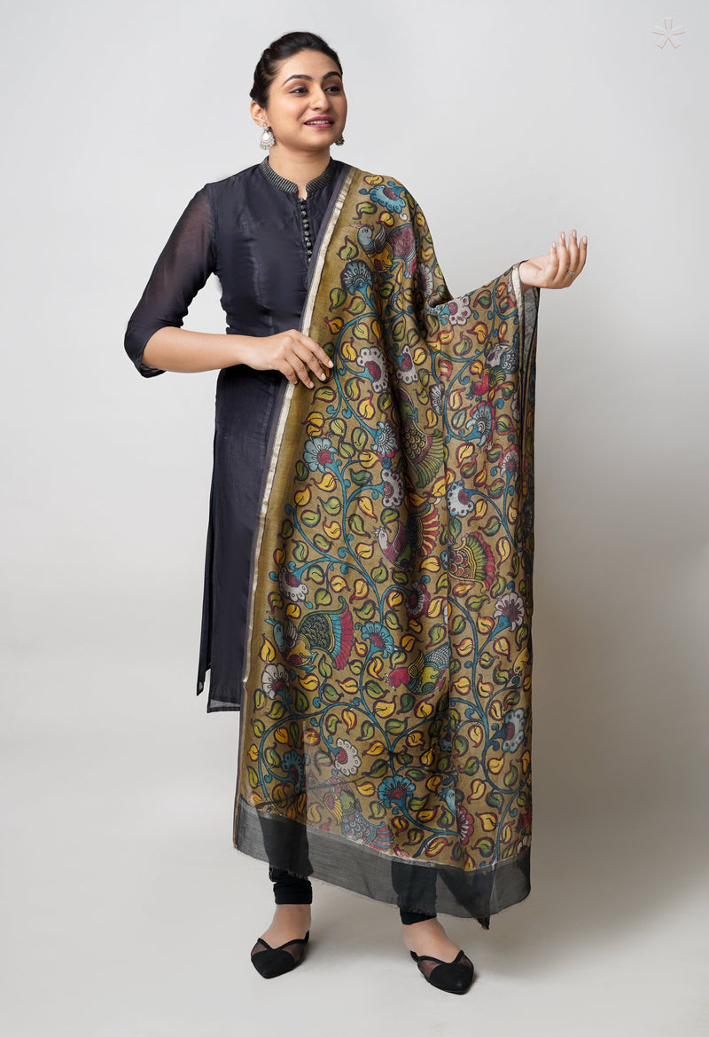 Olive Green Pure Pen Kalamkari Hand Painted Chanderi Cotton Silk Dupatta –UDS5405