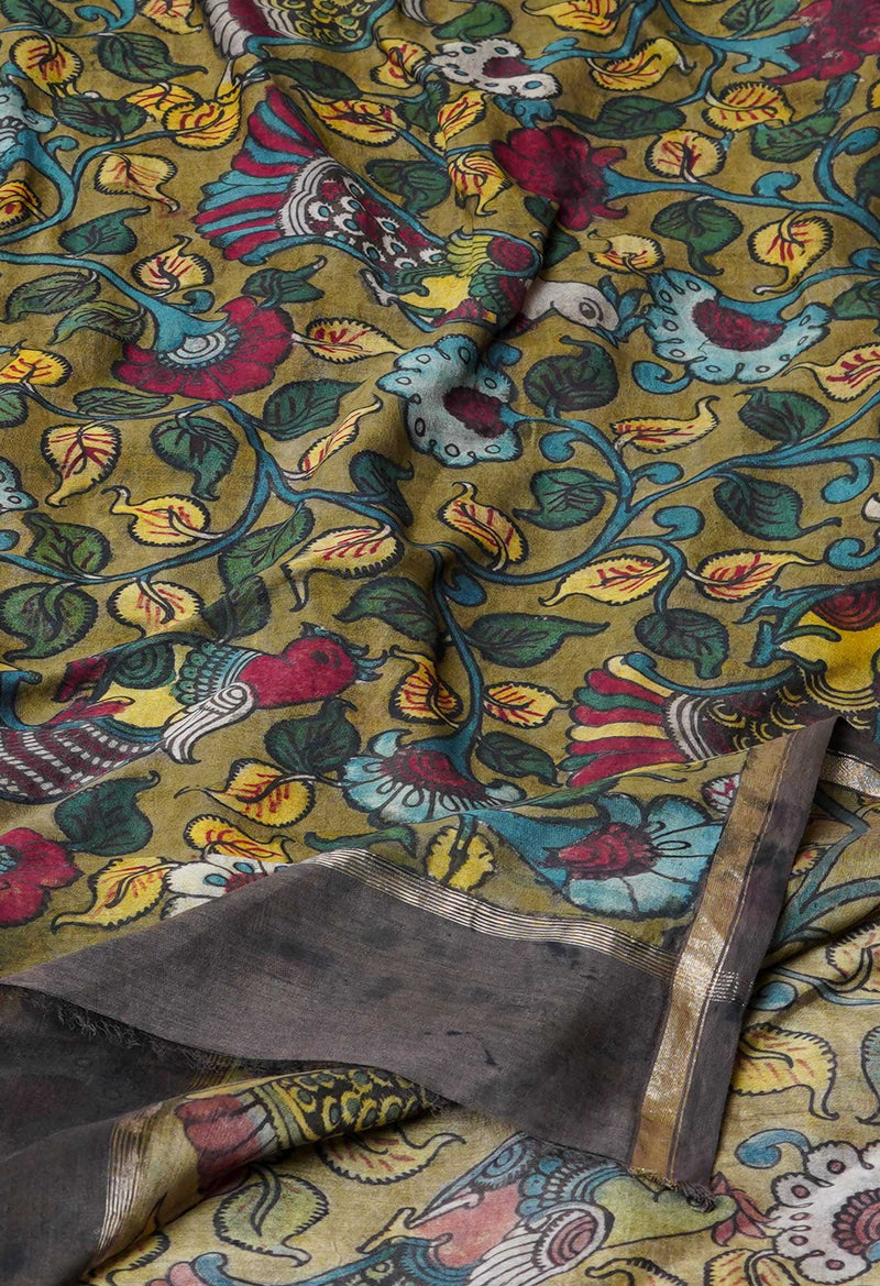 Olive Green Pure Pen Kalamkari Hand Painted Chanderi Cotton Silk Dupatta –UDS5405