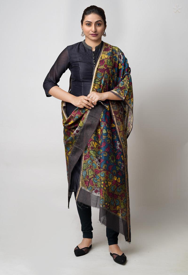 Olive Green Pure Pen Kalamkari Hand Painted Chanderi Cotton Silk Dupatta –UDS5406