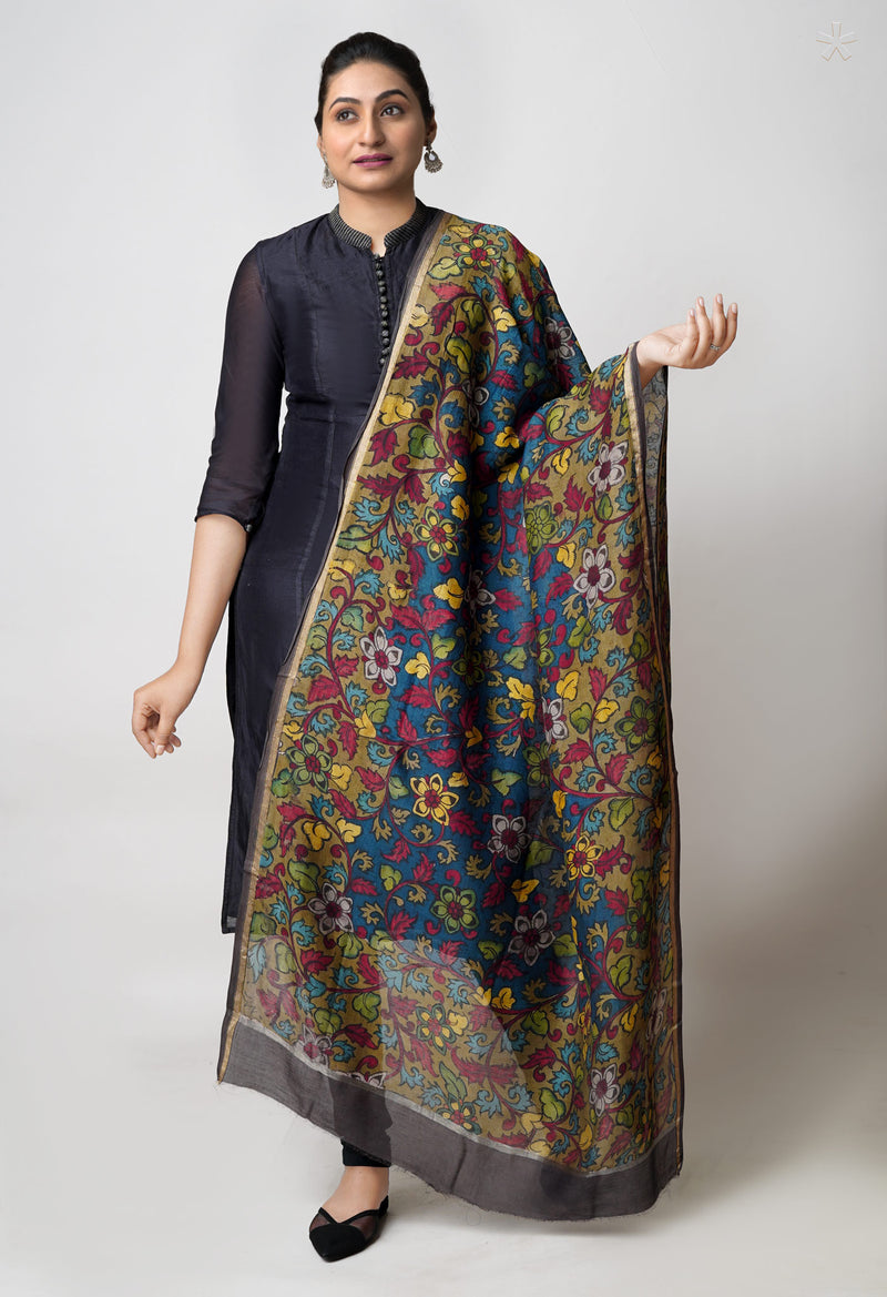 Olive Green Pure Pen Kalamkari Hand Painted Chanderi Cotton Silk Dupatta –UDS5406