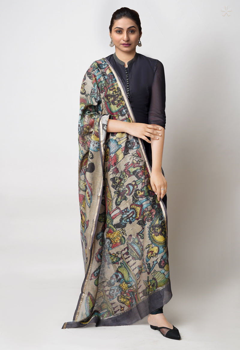Grey Pure Pen Kalamkari Hand Painted Chanderi Cotton Silk Dupatta –UDS5409