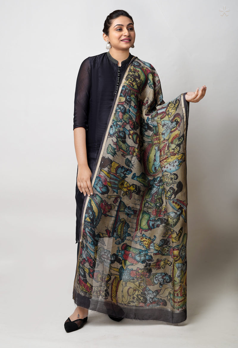 Grey Pure Pen Kalamkari Hand Painted Chanderi Cotton Silk Dupatta –UDS5409
