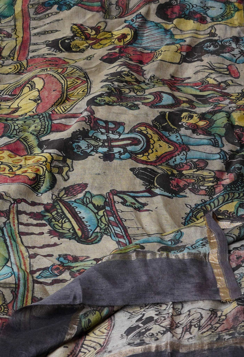 Grey Pure Pen Kalamkari Hand Painted Chanderi Cotton Silk Dupatta –UDS5409