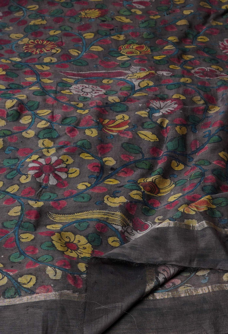 Dark Chocolate Brown Pure Pen Kalamkari Hand Painted Chanderi Cotton Silk Dupatta –UDS5410