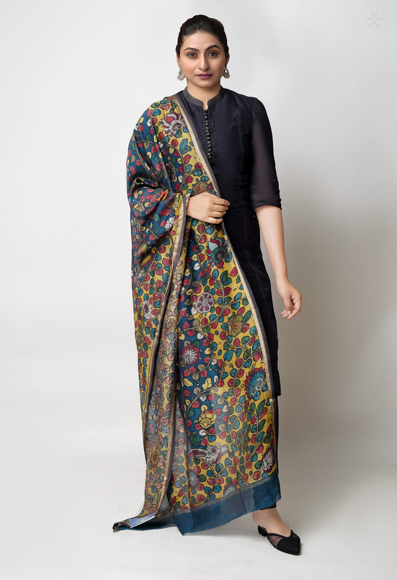 Peacock Blue-Yellow Pure Pen Kalamkari Hand Painted Chanderi Cotton Silk Dupatta –UDS5412