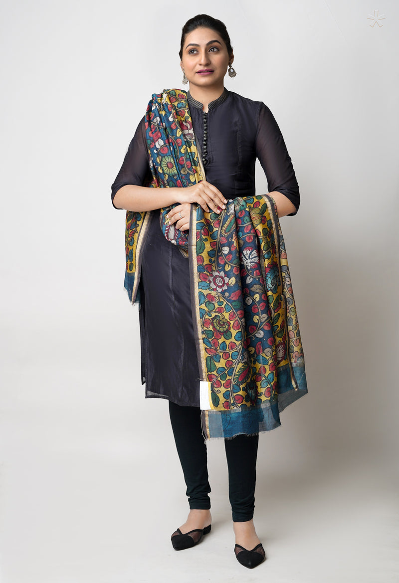 Peacock Blue-Yellow Pure Pen Kalamkari Hand Painted Chanderi Cotton Silk Dupatta –UDS5412