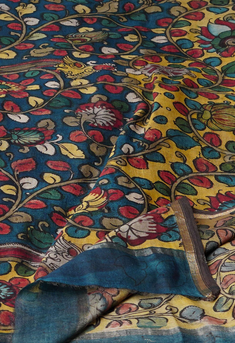 Peacock Blue-Yellow Pure Pen Kalamkari Hand Painted Chanderi Cotton Silk Dupatta –UDS5412