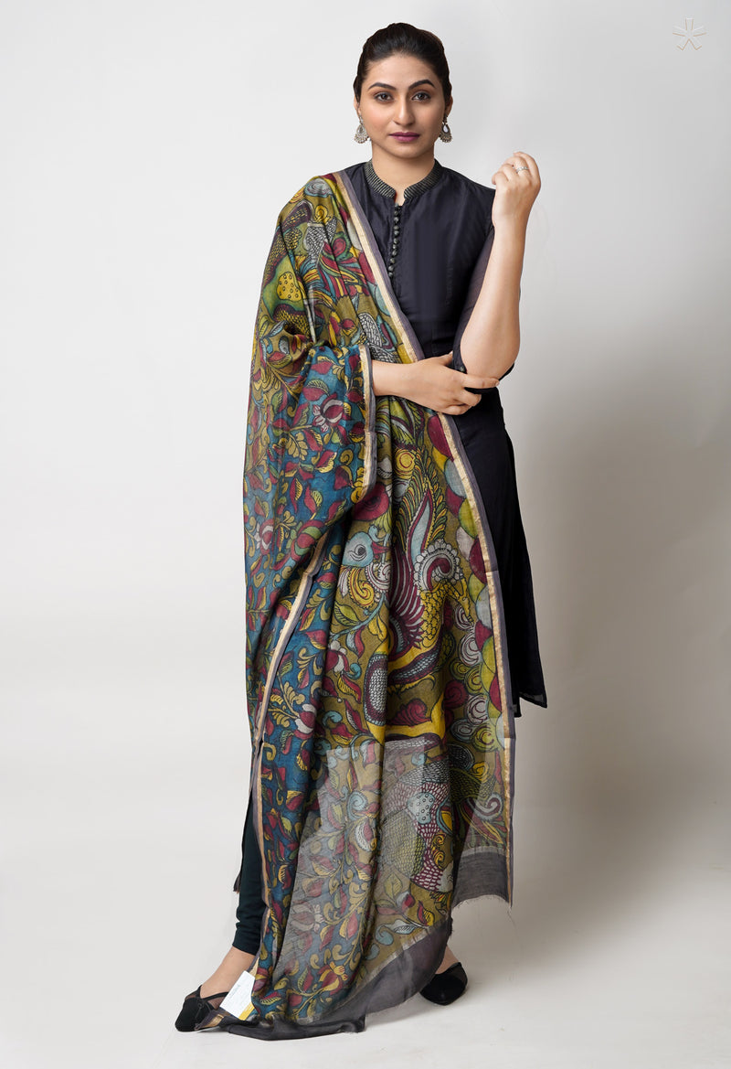 Olive Green-Peacock Blue Pure Pen Kalamkari Hand Painted Chanderi Cotton Silk Dupatta –UDS5416