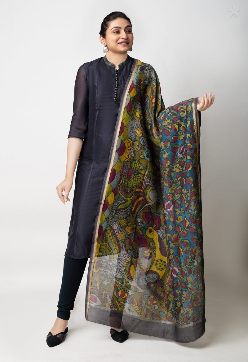 Olive Green-Peacock Blue Pure Pen Kalamkari Hand Painted Chanderi Cotton Silk Dupatta –UDS5416
