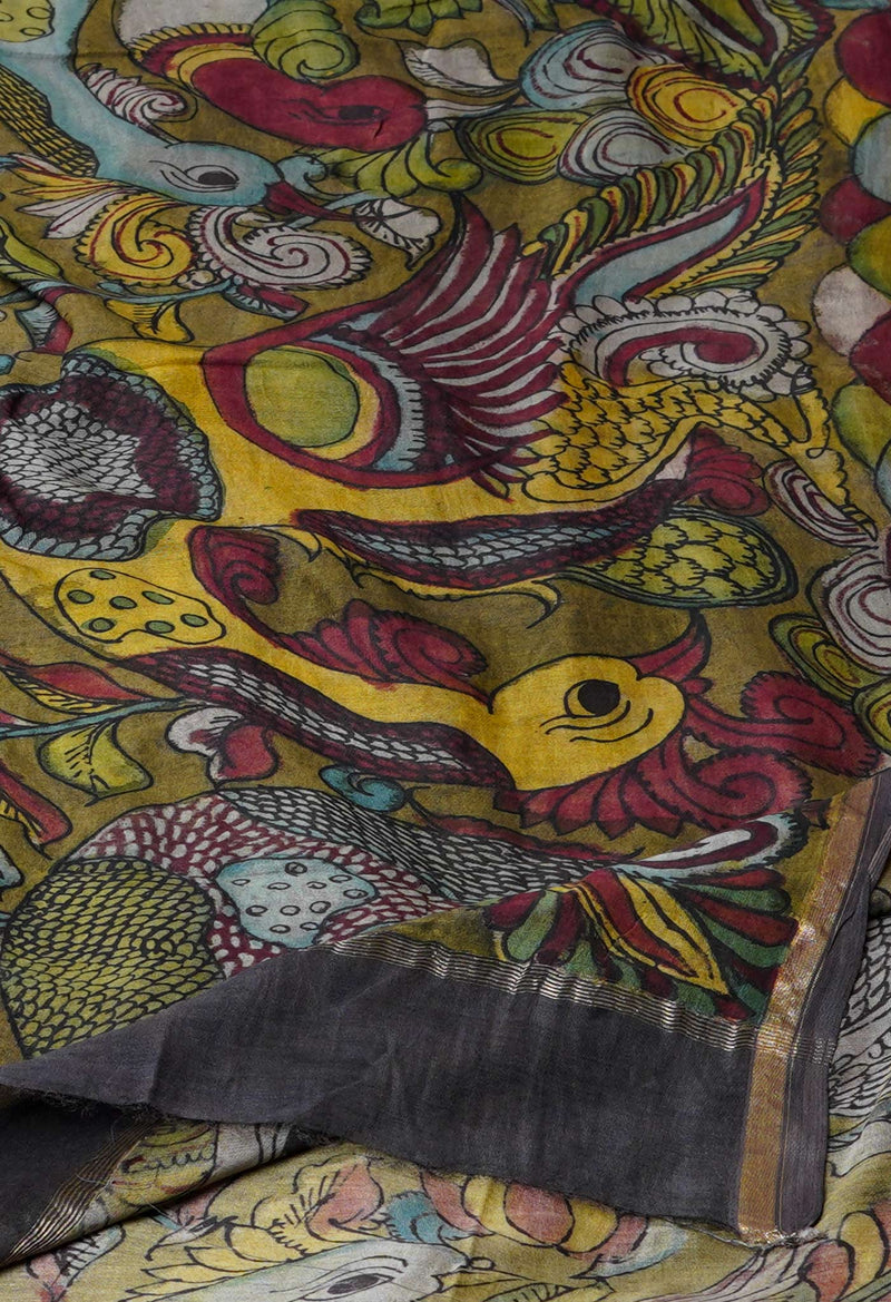 Olive Green-Peacock Blue Pure Pen Kalamkari Hand Painted Chanderi Cotton Silk Dupatta –UDS5416