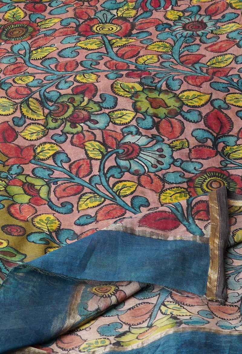 Peach Pink Pure Pen Kalamkari Hand Painted Chanderi Cotton Silk Dupatta –UDS5417