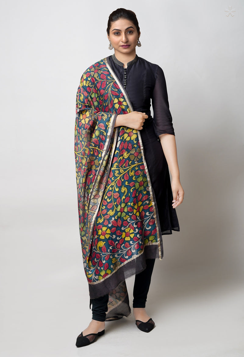 Peacock Blue Pure Pen Kalamkari Hand Painted Chanderi Cotton Silk Dupatta –UDS5420