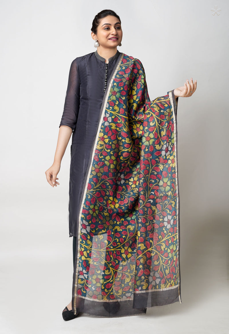 Peacock Blue Pure Pen Kalamkari Hand Painted Chanderi Cotton Silk Dupatta –UDS5420