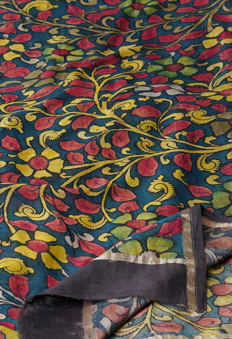 Peacock Blue Pure Pen Kalamkari Hand Painted Chanderi Cotton Silk Dupatta –UDS5420