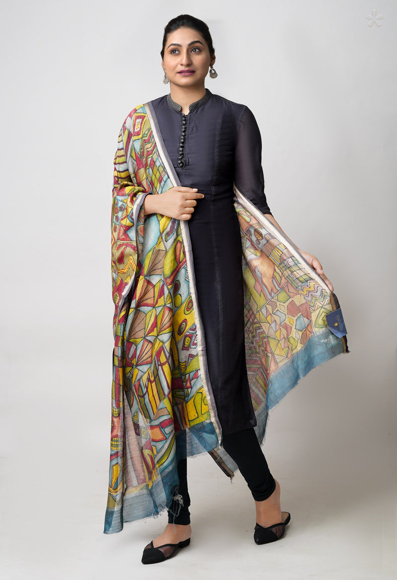 Multi Pure Pen Kalamkari Hand Painted Chanderi Cotton Silk Dupatta –UDS5427