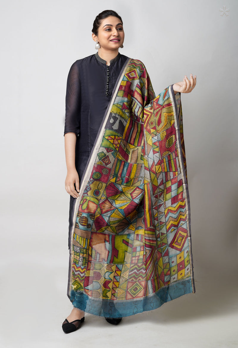 Multi Pure Pen Kalamkari Hand Painted Chanderi Cotton Silk Dupatta –UDS5427
