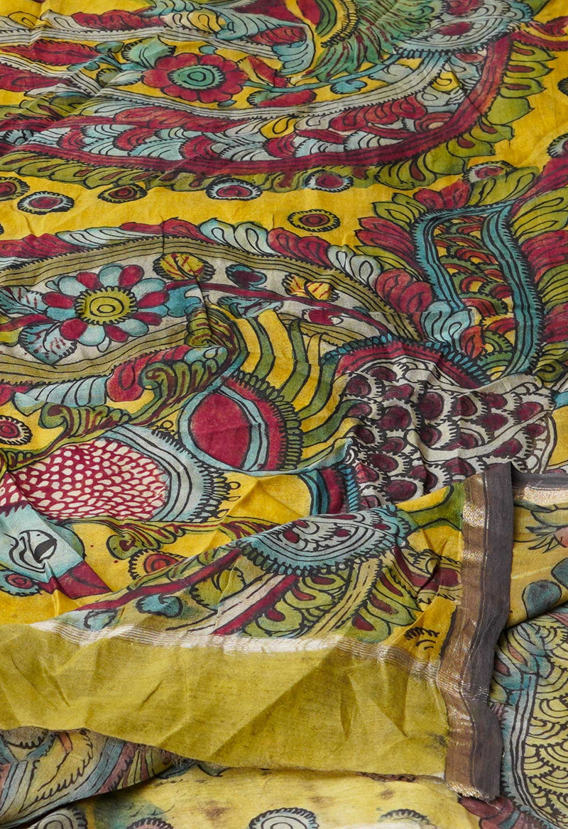 Yellow-Peacock Blue Pure Pen Kalamkari Hand Painted Chanderi Cotton Silk Dupatta –UDS5432