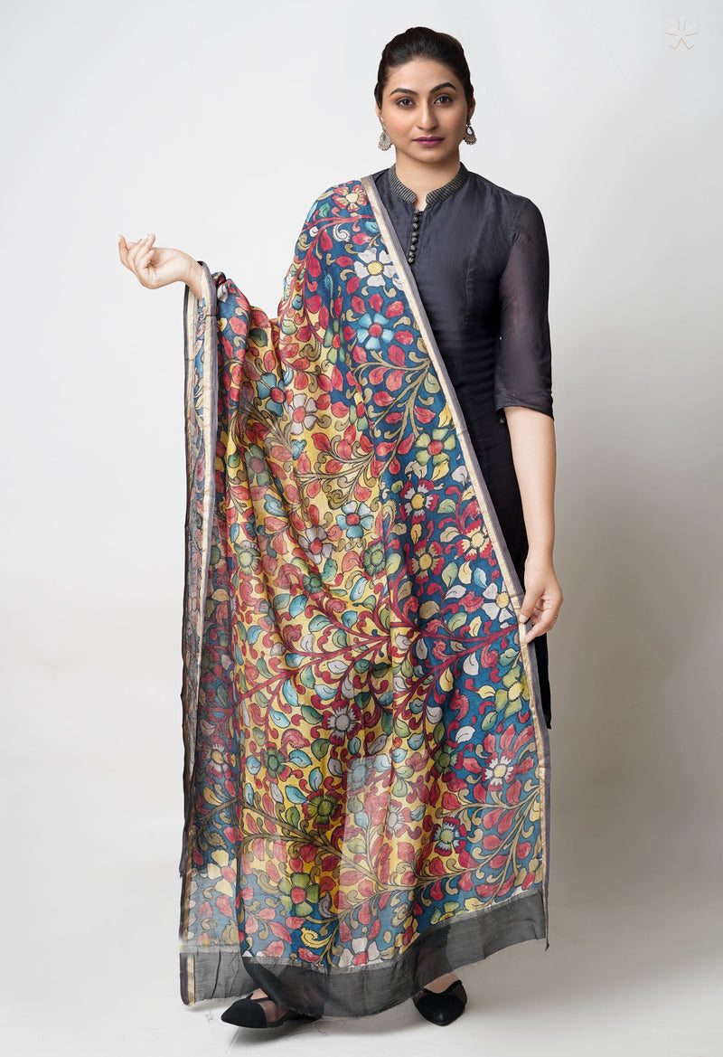 Pale Yellow-Peacock Blue Pure Pen Kalamkari Hand Painted Chanderi Cotton Silk Dupatta –UDS5434