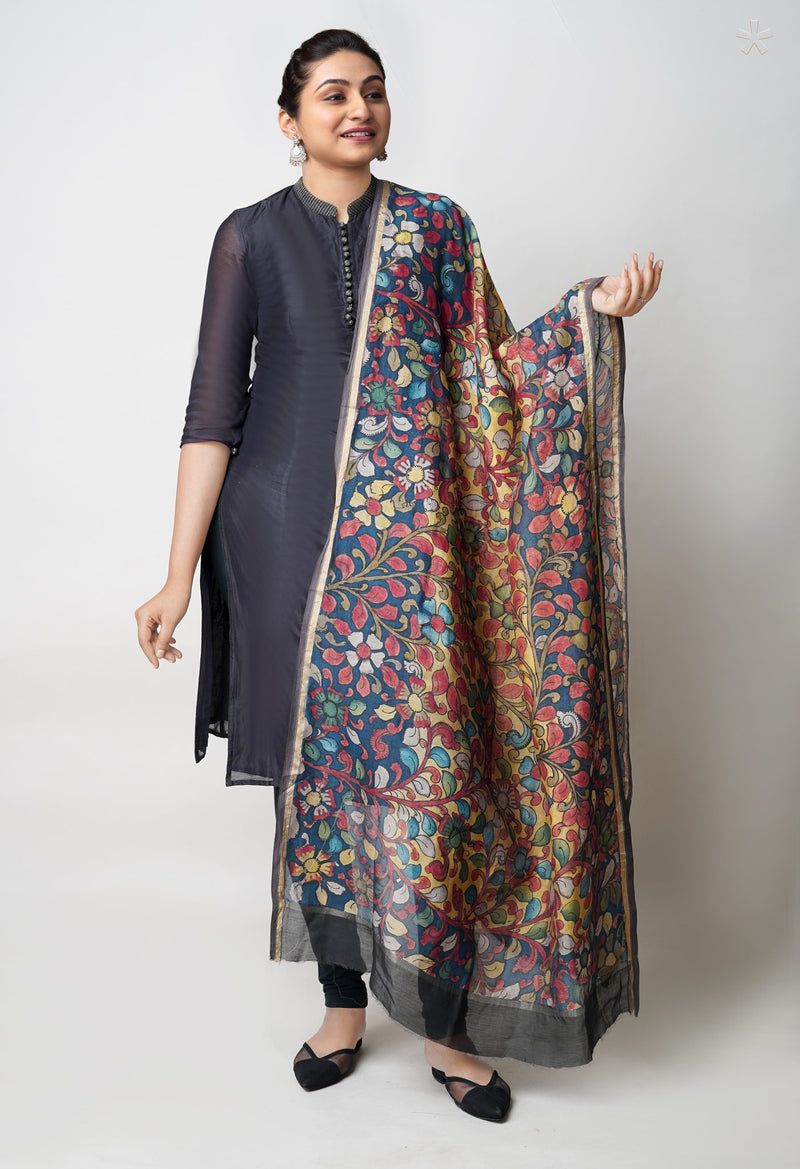 Pale Yellow-Peacock Blue Pure Pen Kalamkari Hand Painted Chanderi Cotton Silk Dupatta –UDS5434