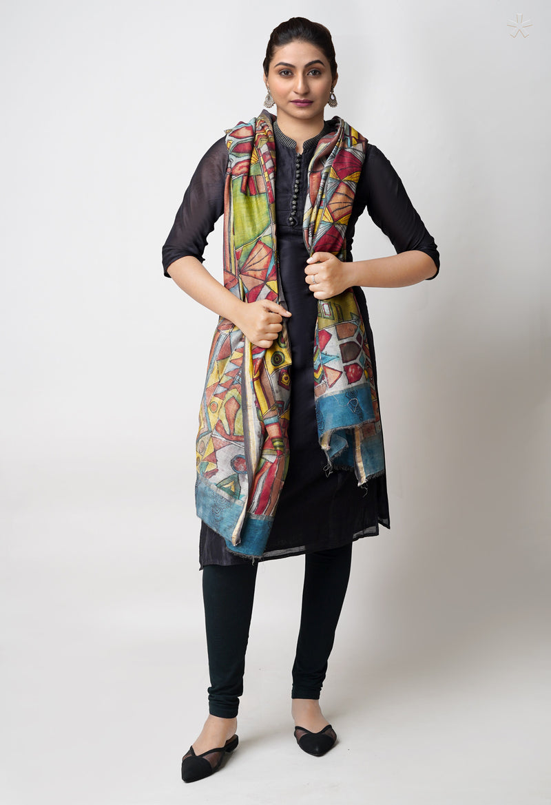 Multi Pure Pen Kalamkari Hand Painted Chanderi Cotton Silk Dupatta –UDS5435