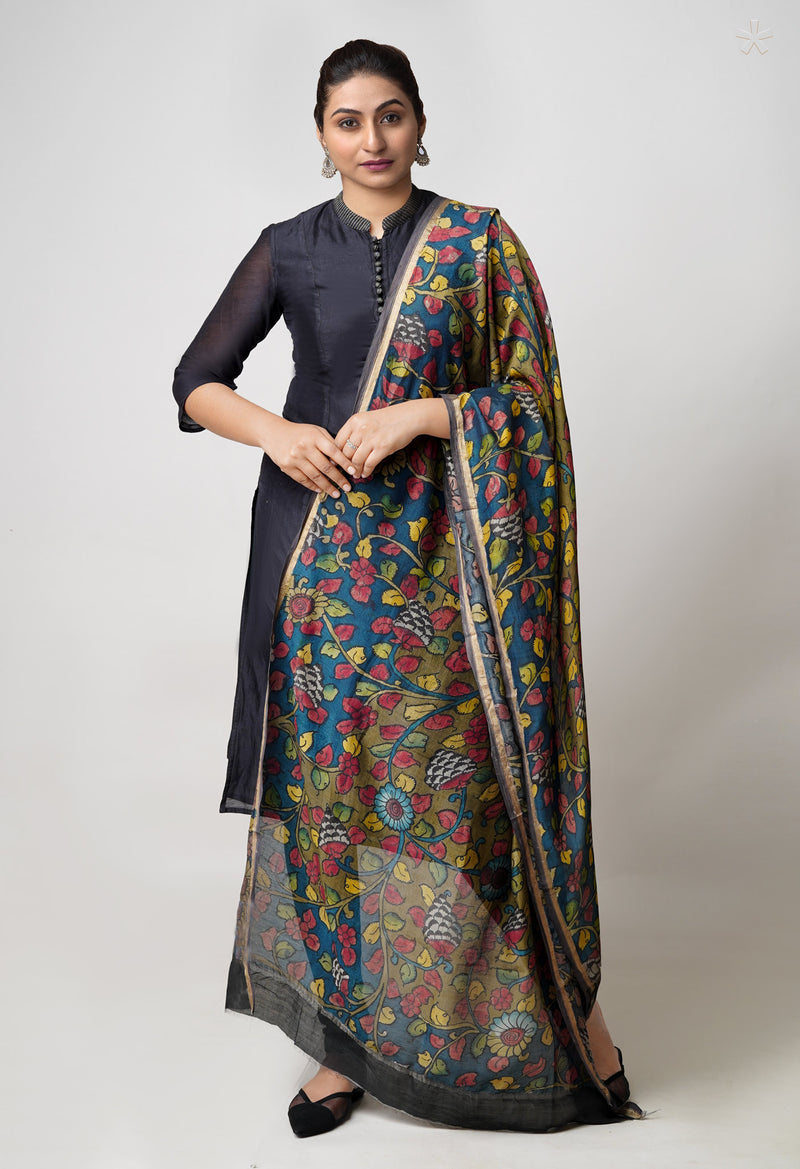 Olive Green-Peacock Blue Pure Pen Kalamkari Hand Painted Chanderi Cotton Silk Dupatta –UDS5436