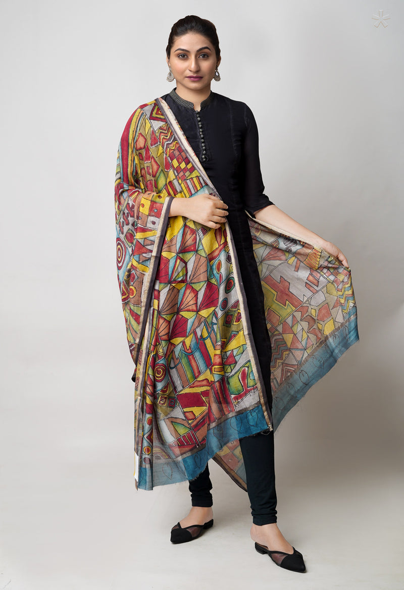 Multi Pure Pen Kalamkari Hand Painted Chanderi Cotton Silk Dupatta –UDS5437