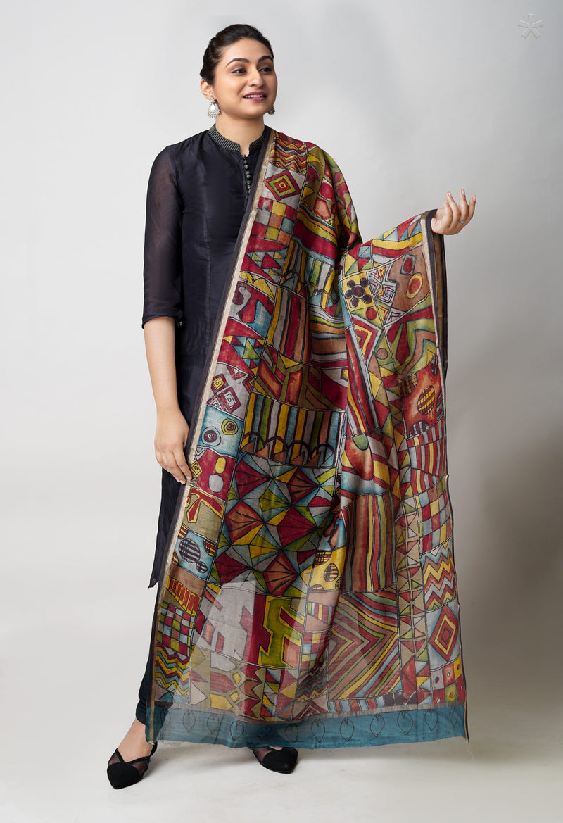 Multi Pure Pen Kalamkari Hand Painted Chanderi Cotton Silk Dupatta –UDS5437