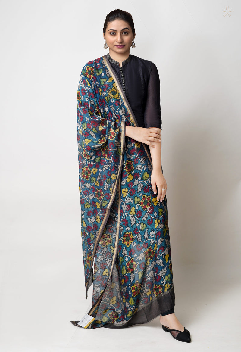 Peacock Blue Pure Pen Kalamkari Hand Painted Chanderi Cotton Silk Dupatta –UDS5439
