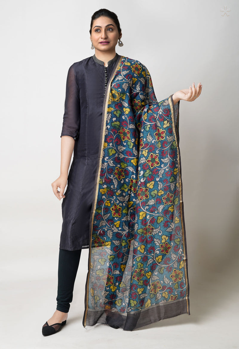 Peacock Blue Pure Pen Kalamkari Hand Painted Chanderi Cotton Silk Dupatta –UDS5439
