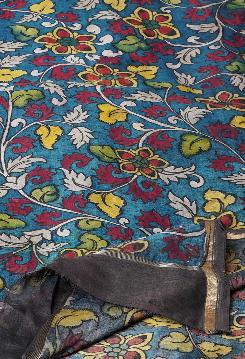 Peacock Blue Pure Pen Kalamkari Hand Painted Chanderi Cotton Silk Dupatta –UDS5439