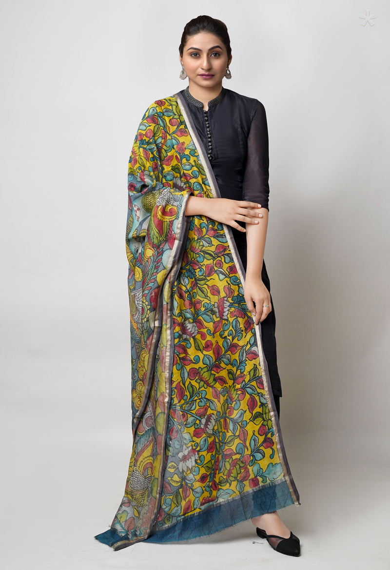 Red Pure Pen Kalamkari Hand Painted Chanderi Cotton Silk Dupatta –UDS5443