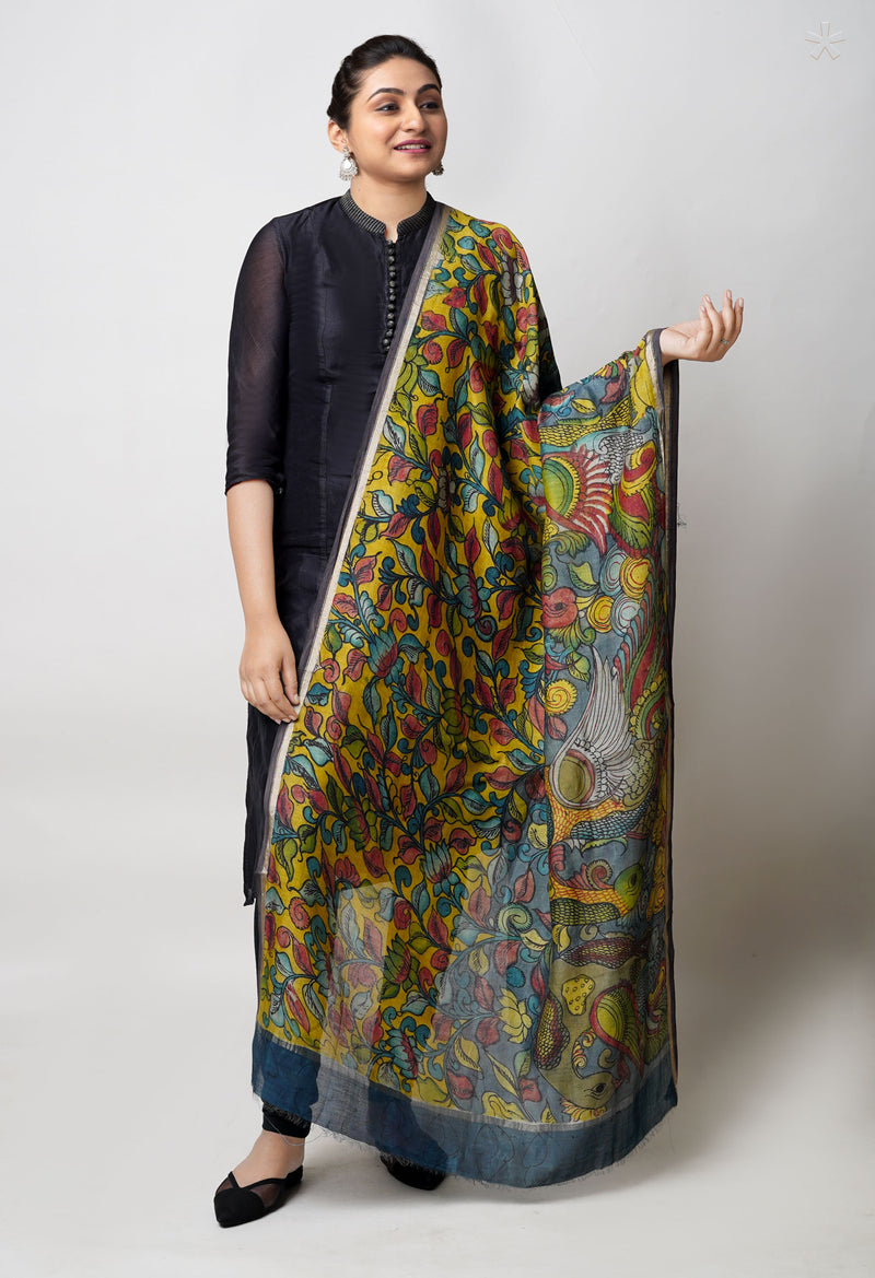 Red Pure Pen Kalamkari Hand Painted Chanderi Cotton Silk Dupatta –UDS5443