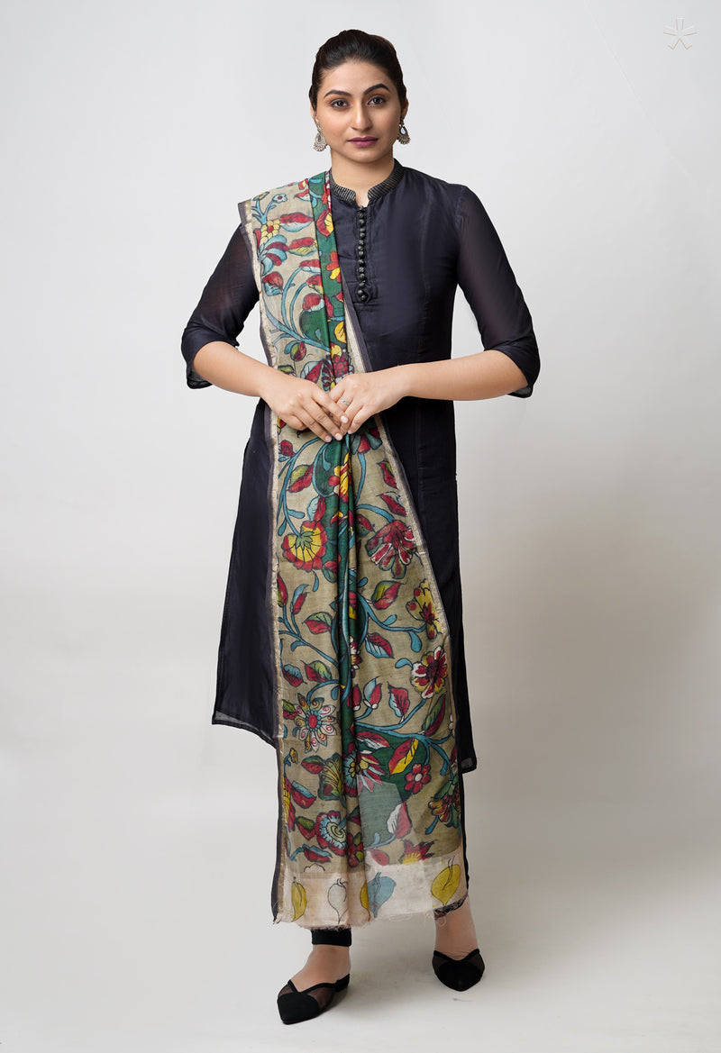 Dark Green Pure Pen Kalamkari Hand Painted Chanderi Cotton Silk Dupatta –UDS5448