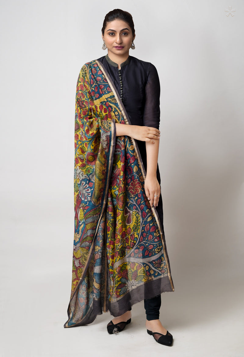 Yellow-Peacock Blue Pure Pen Kalamkari Hand Painted Chanderi Cotton Silk Dupatta –UDS5453