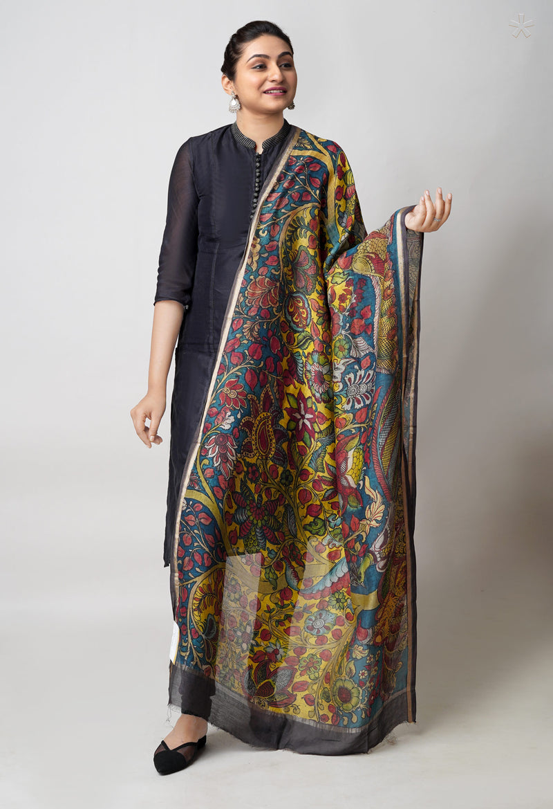 Yellow-Peacock Blue Pure Pen Kalamkari Hand Painted Chanderi Cotton Silk Dupatta –UDS5453